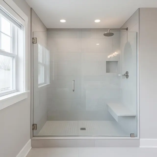 Walk-in glass shower remodel with rain head and built-in bench in Happy Valley OR – Efficiency Plumbing