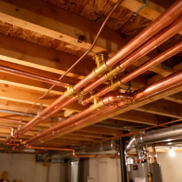 Copper re-pipe with brass fittings running along basement floor joists in Sandy OR – Efficiency Plumbing