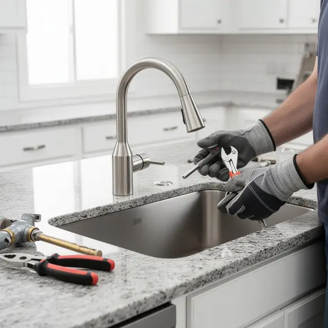 Kitchen faucet installation on granite countertop with plumbing tools in Boring OR – Efficiency Plumbing
