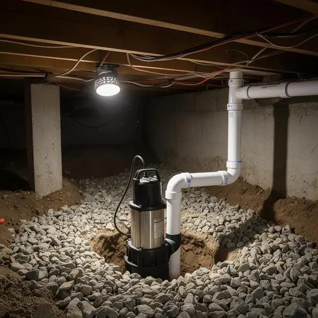 Sump pump installation with PVC discharge pipe in crawl space in Boring OR – Efficiency Plumbing