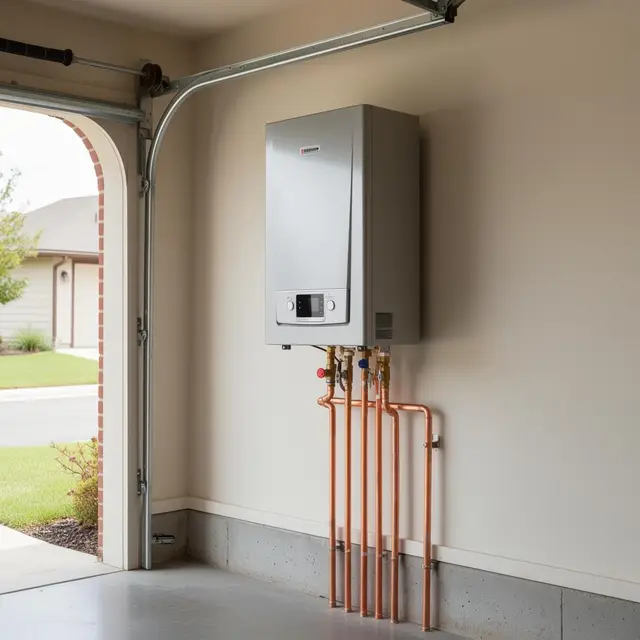 Tankless water heater wall-mount installation with copper supply lines in Sandy OR – Efficiency Plumbing