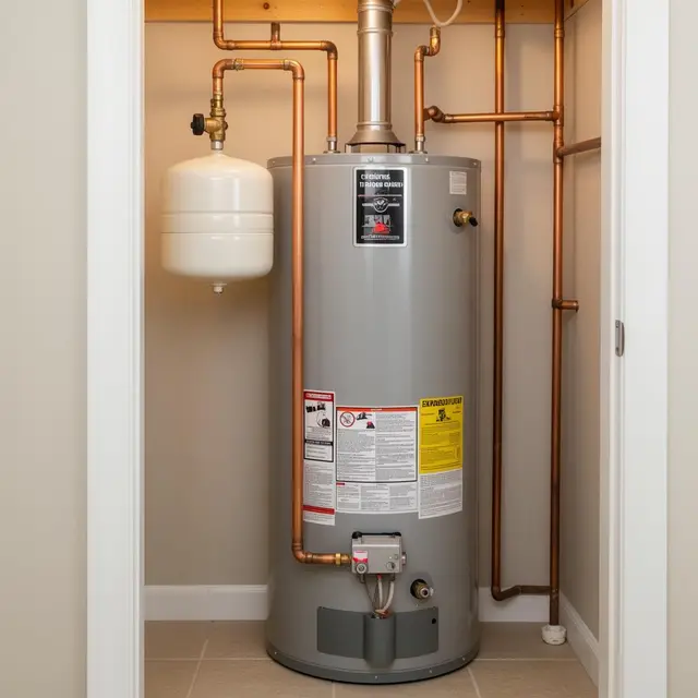 Water heater with expansion tank installed in utility closet in Clackamas OR – Efficiency Plumbing