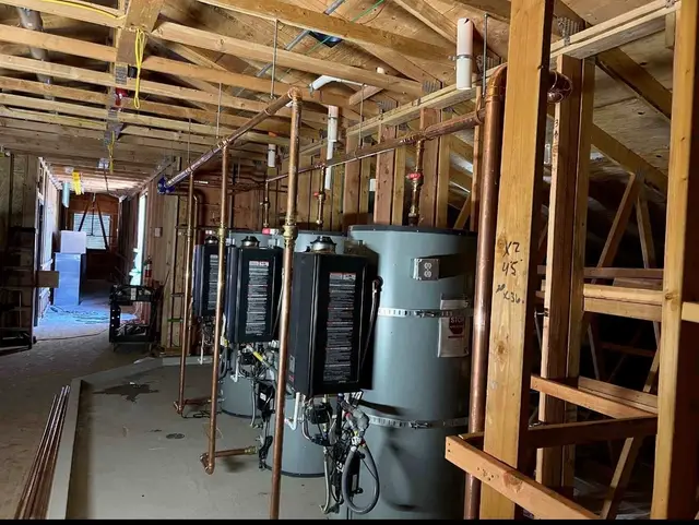 Tankless water heater bank with copper supply lines for new construction in Sandy OR – Efficiency Plumbing