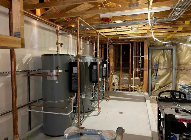 Commercial water heater mechanical room with copper piping in Estacada OR – Efficiency Plumbing